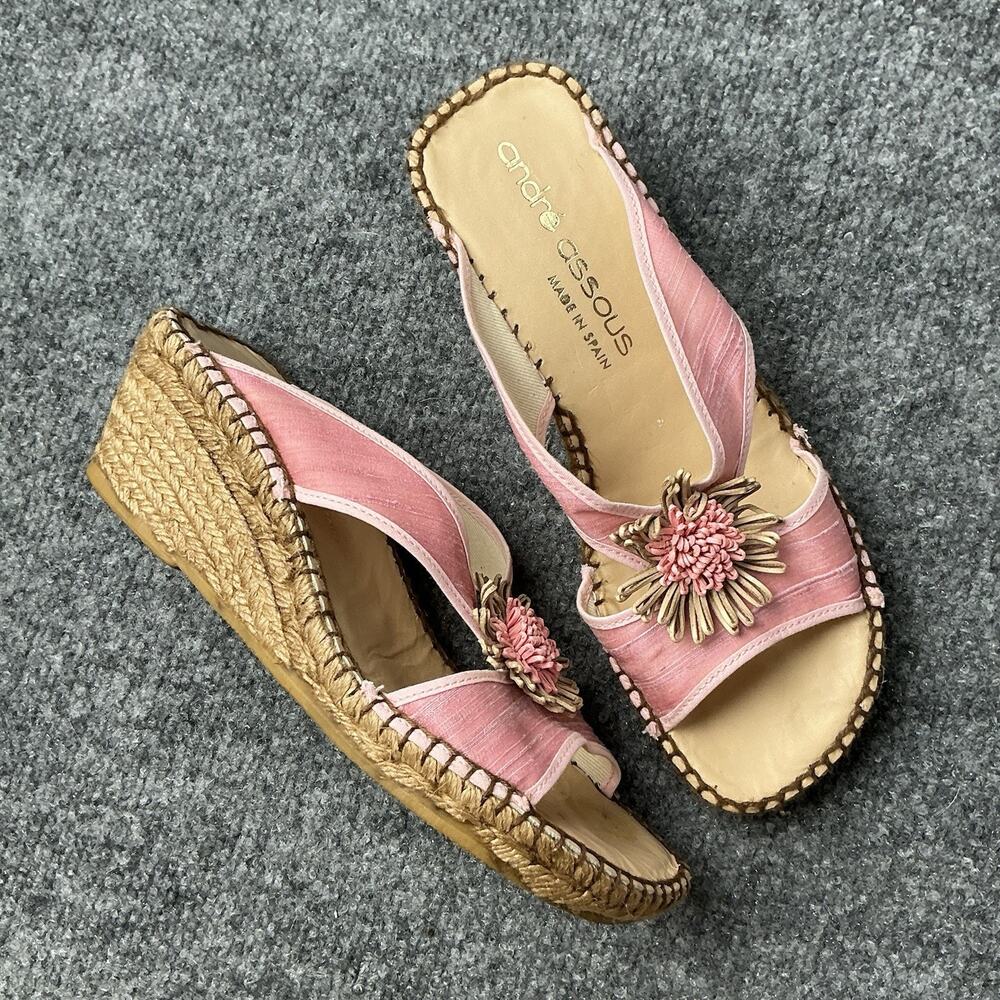 ANDRE ASSOUS PINK Silk FLOWER Slide Espadrille Wedge SANDALS Size 8 - Picture 1 of 8